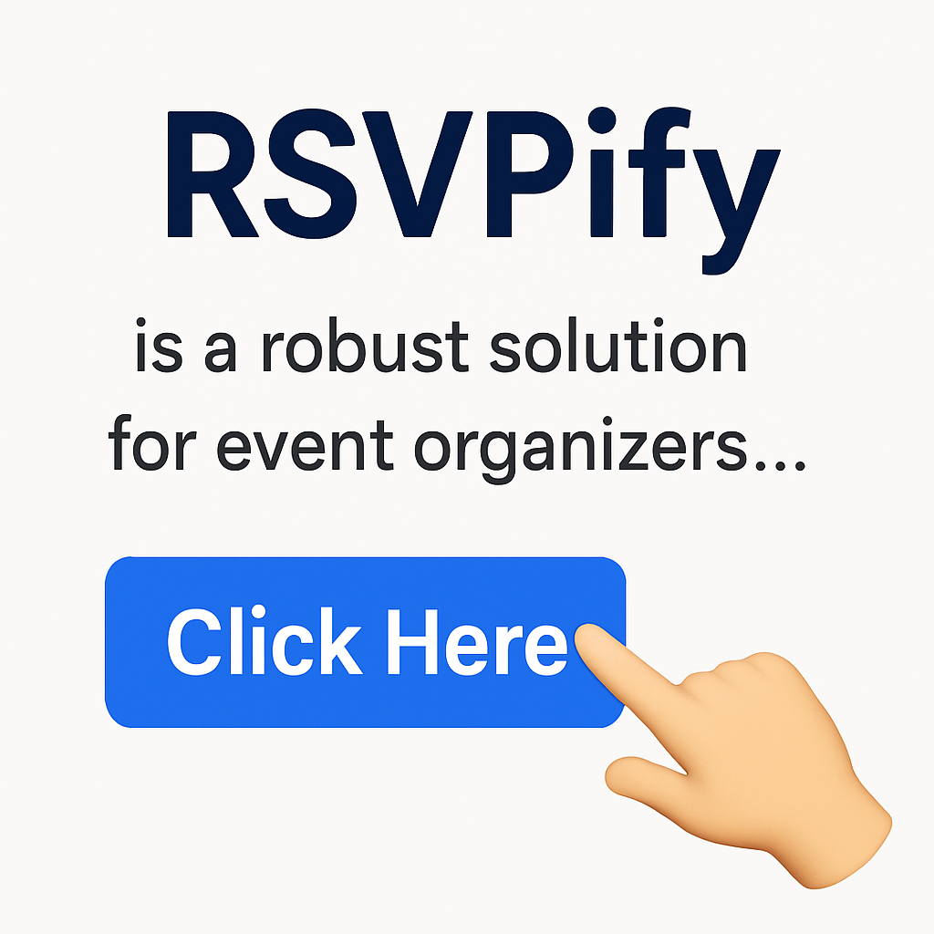 RSVPify event platform with Click Here button and pointing hand